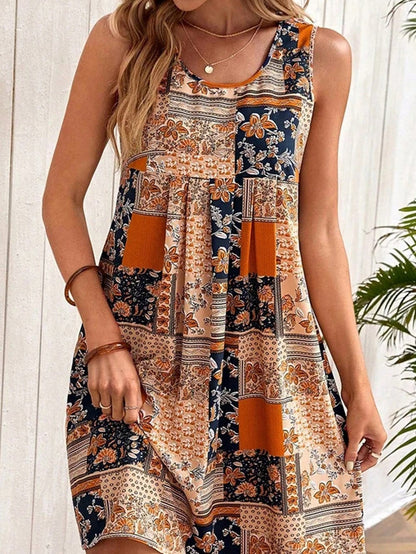 Sleeveless Orange Floral Patchwork A-Line Mini Dress
