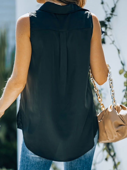 Blouses - Sleeveless Solid Color Lapel Blouses - MsDressly