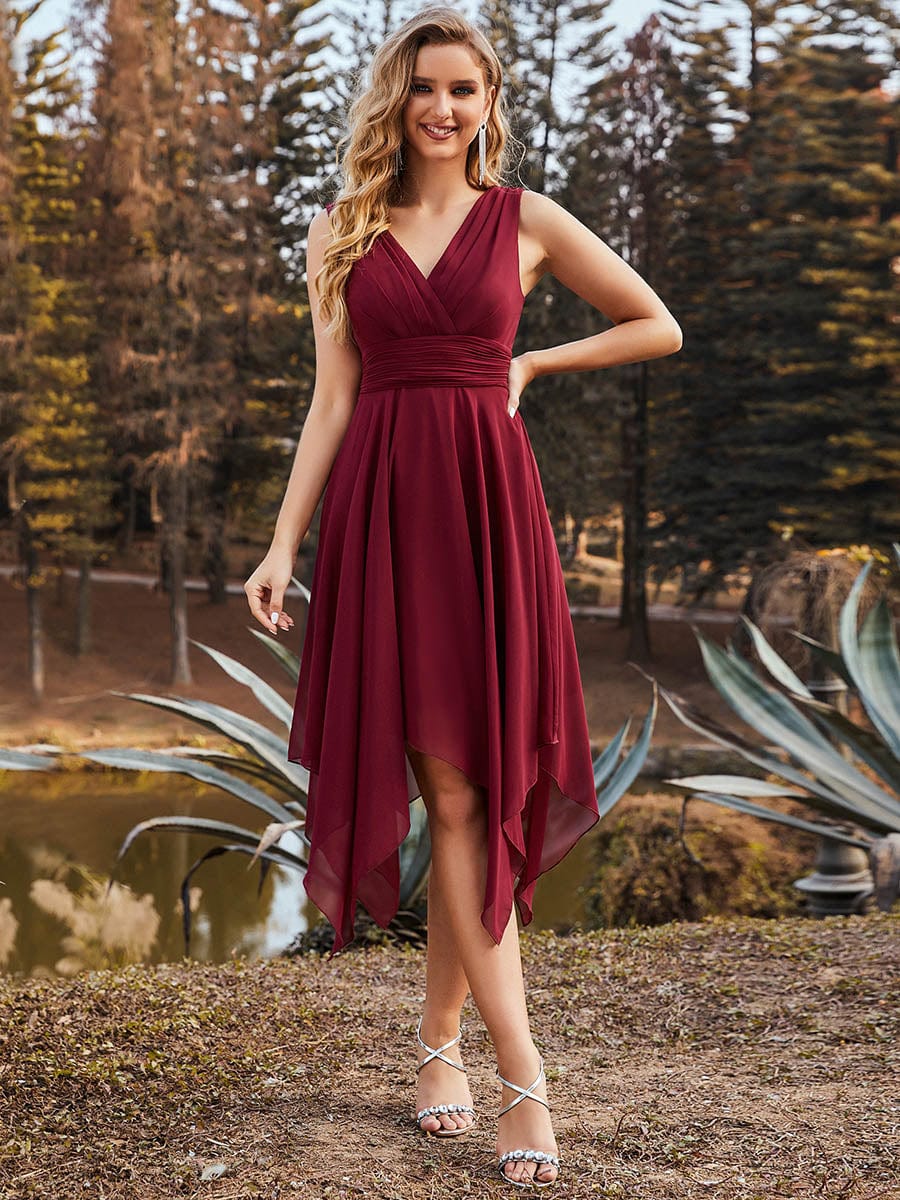 Sleeveless V Neck Mini Wholesale Chiffon Bridesmaid Dress