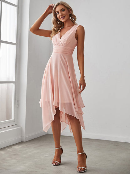 Sleeveless V Neck Mini Wholesale Chiffon Bridesmaid Dress