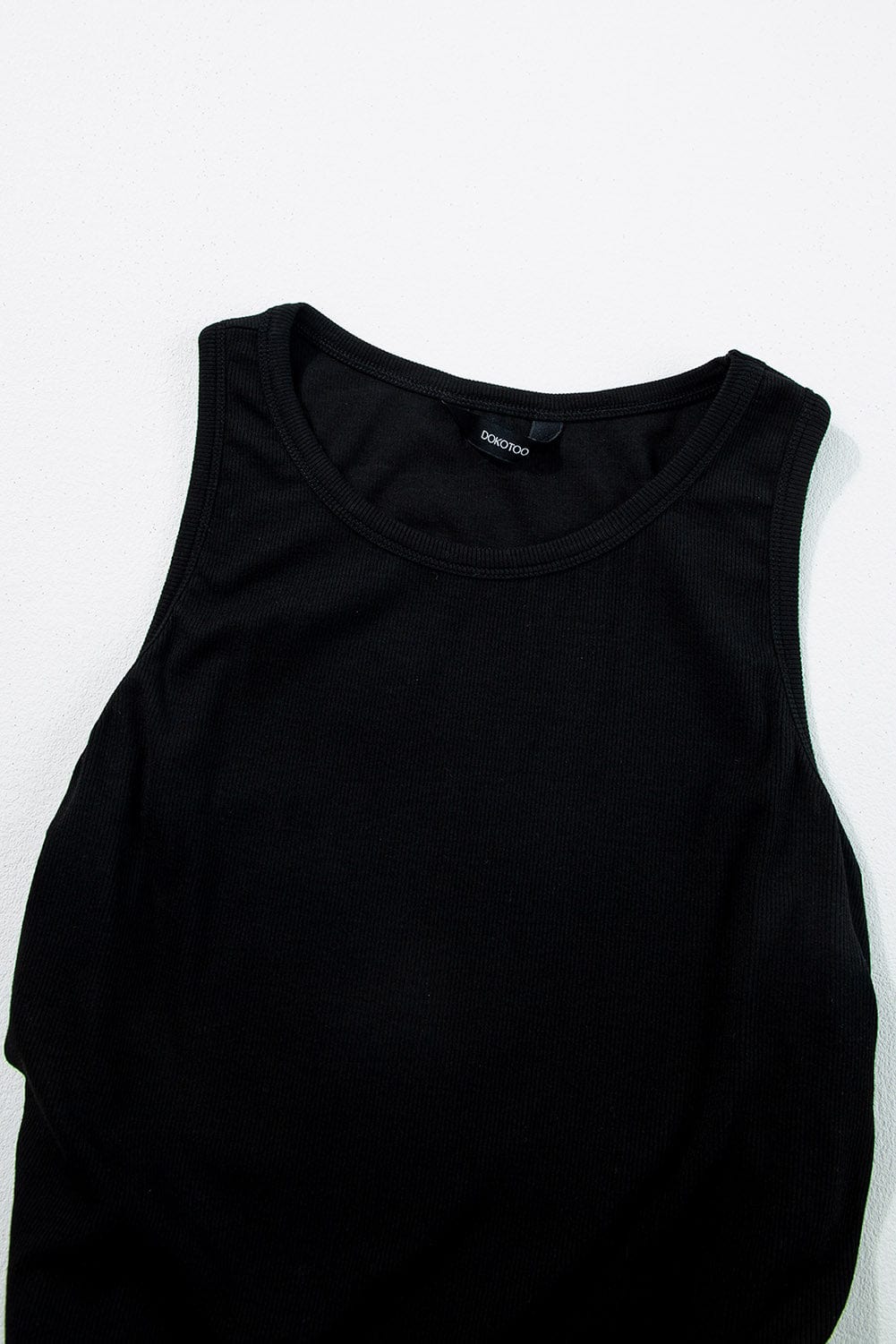 Slim Fit Black Ribbed Tank Top with Ruched Detail