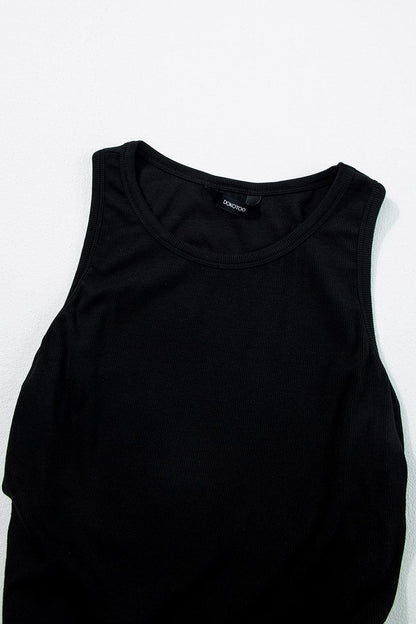 Slim Fit Black Ribbed Tank Top with Ruched Detail