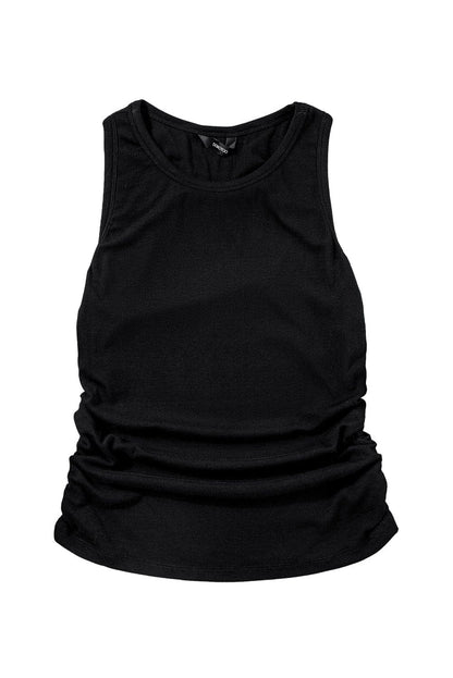 Slim Fit Black Ribbed Tank Top with Ruched Detail