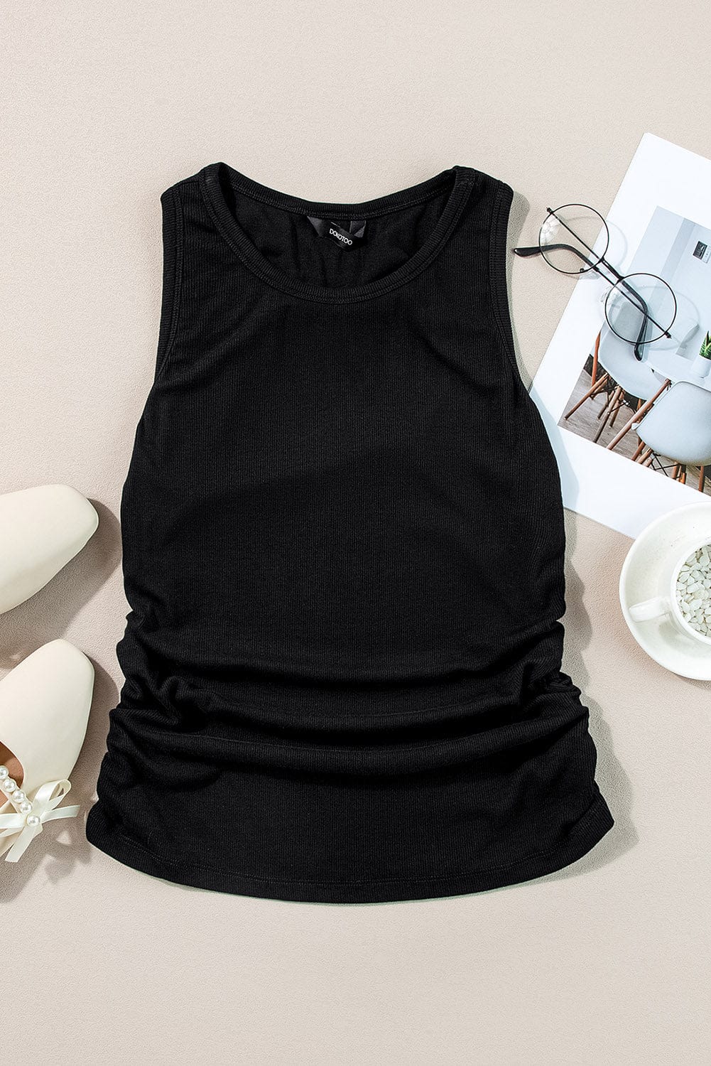 Slim Fit Black Ribbed Tank Top with Ruched Detail