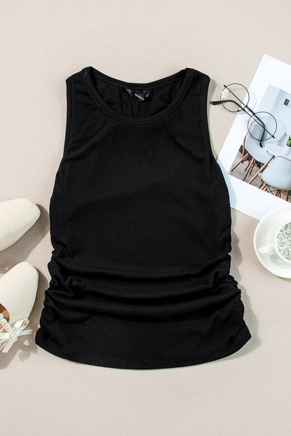 Slim Fit Black Ribbed Tank Top with Ruched Detail
