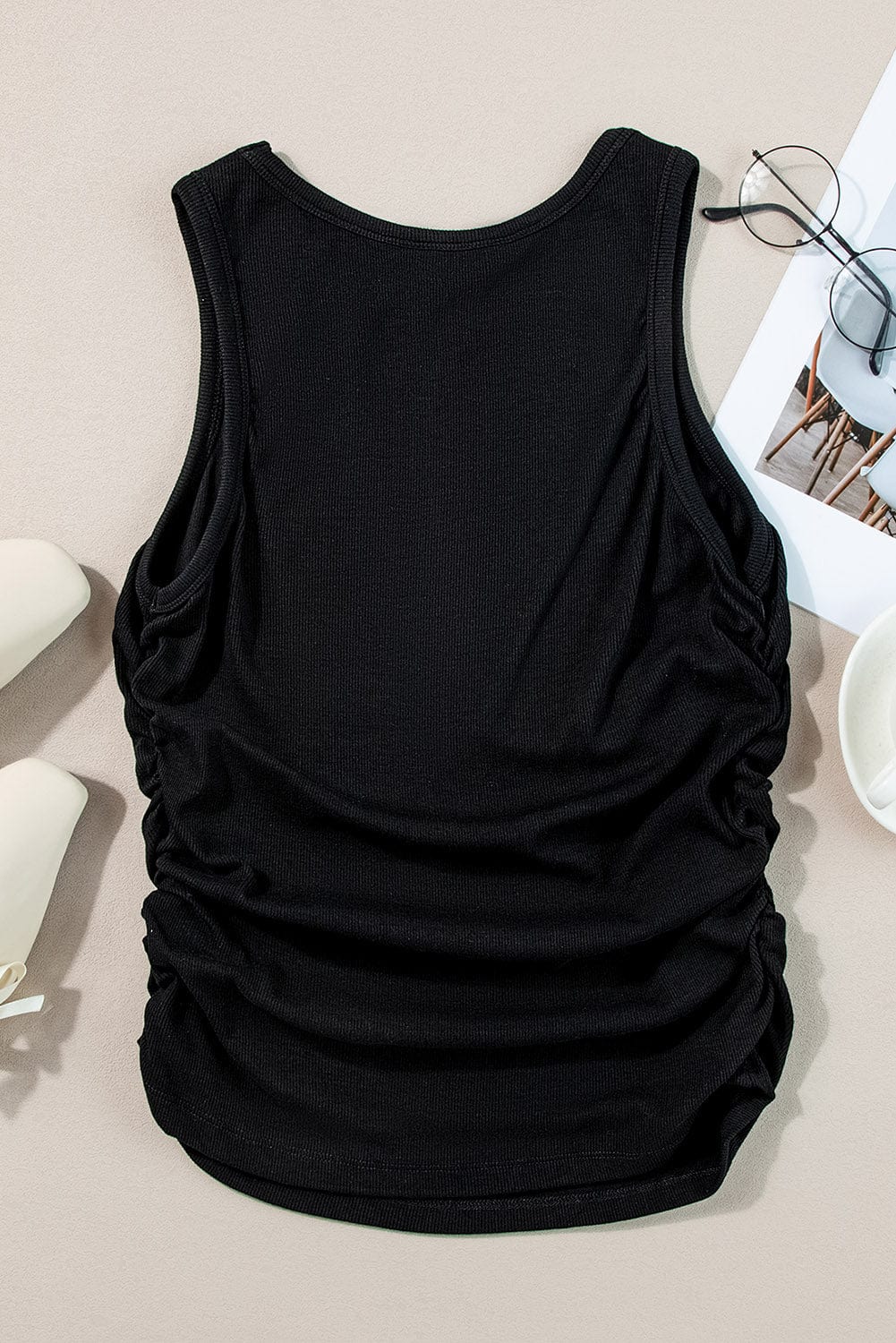 Slim Fit Black Ribbed Tank Top with Ruched Detail