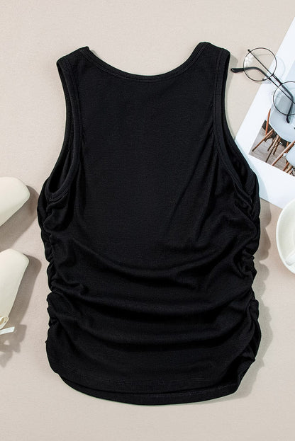 Slim Fit Black Ribbed Tank Top with Ruched Detail
