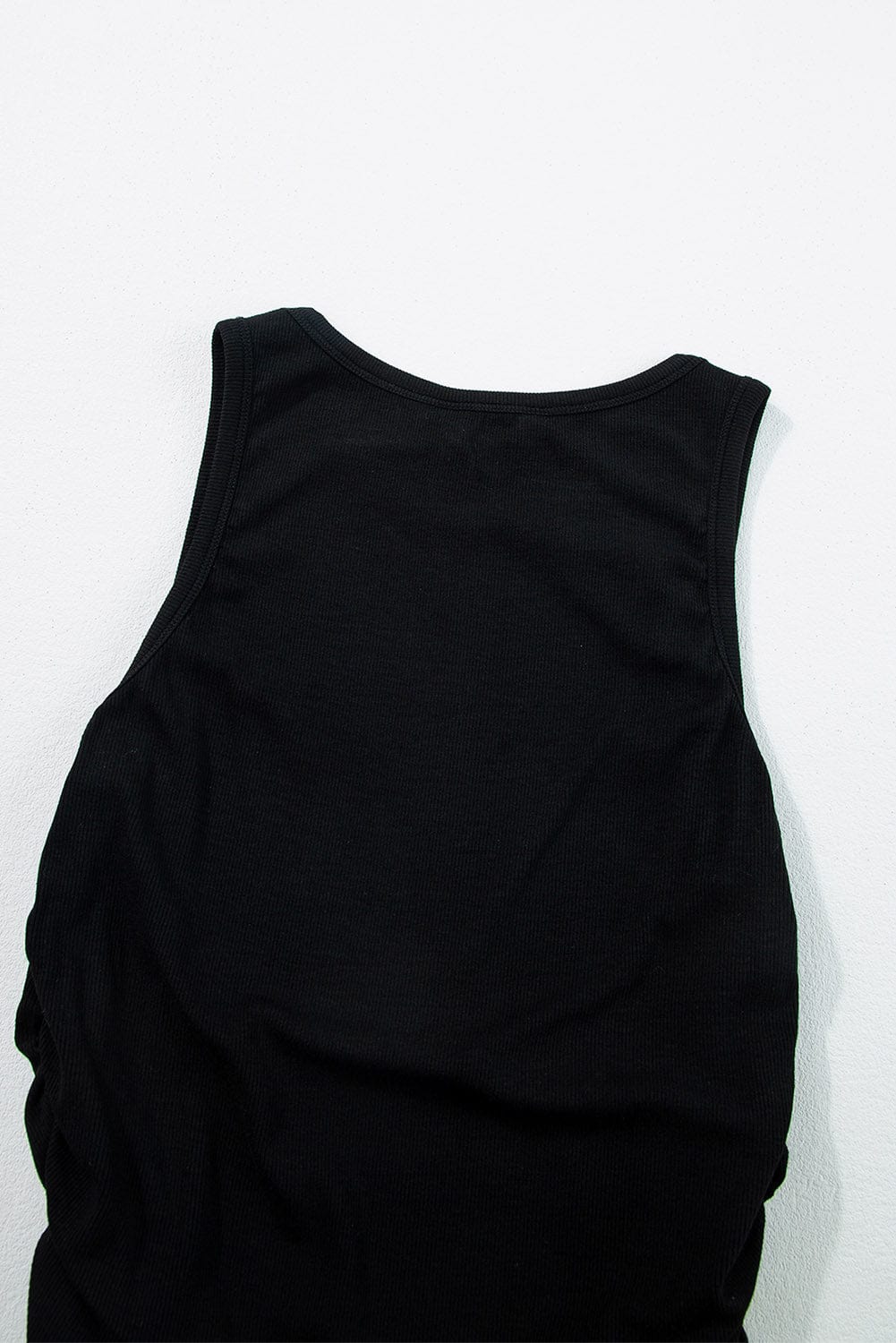 Slim Fit Black Ribbed Tank Top with Ruched Detail