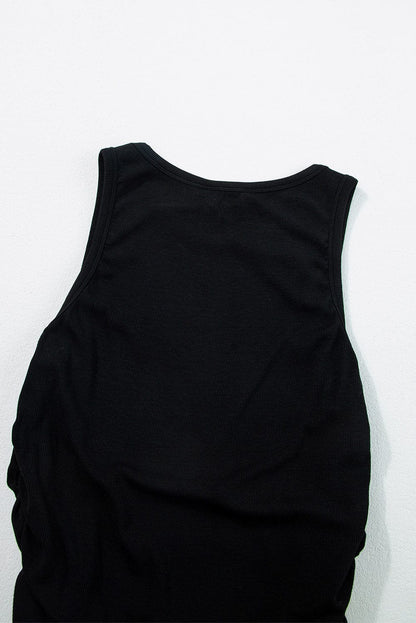 Slim Fit Black Ribbed Tank Top with Ruched Detail