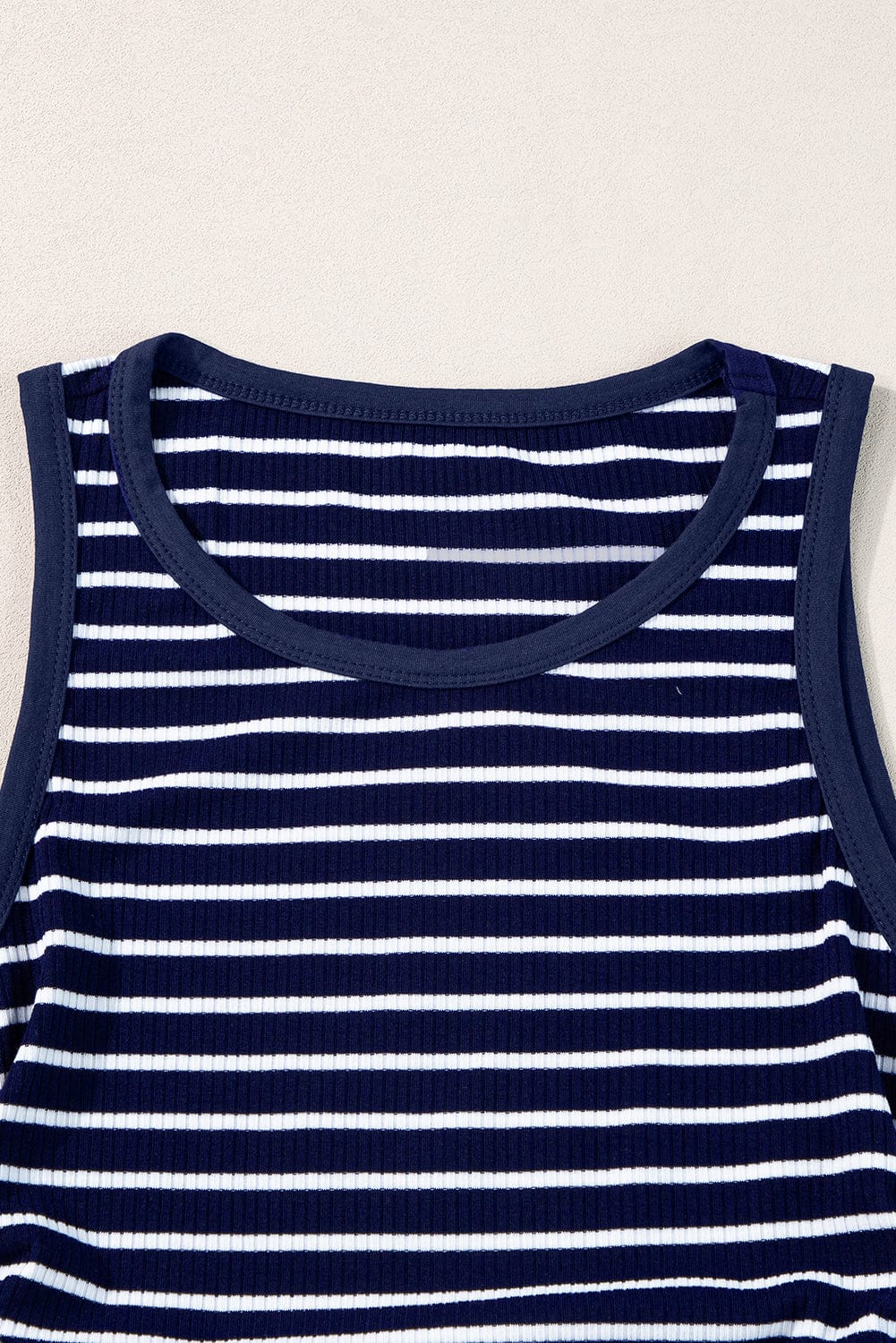 Slim Fit Blue Striped Sleeveless Round Neck Top with Contrast Details