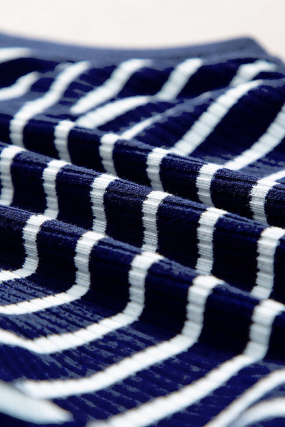 Slim Fit Blue Striped Sleeveless Round Neck Top with Contrast Details