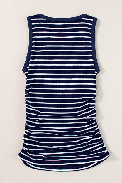 Slim Fit Blue Striped Sleeveless Round Neck Top with Contrast Details