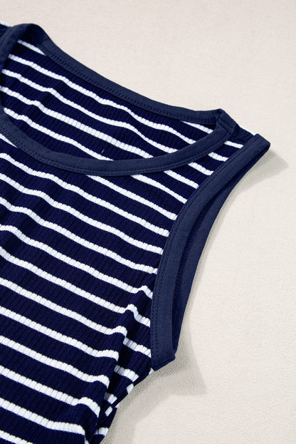 Slim Fit Blue Striped Sleeveless Round Neck Top with Contrast Details