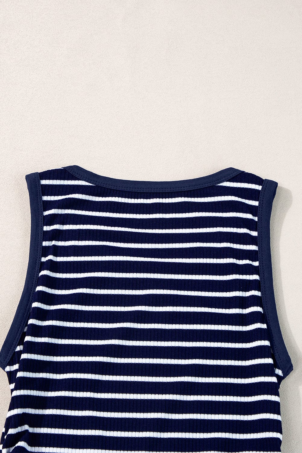 Slim Fit Blue Striped Sleeveless Round Neck Top with Contrast Details