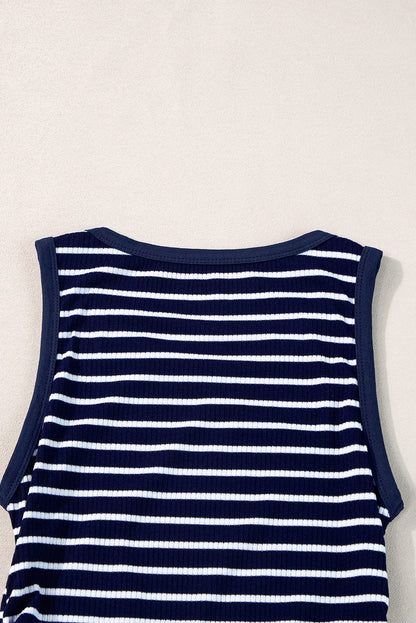 Slim Fit Blue Striped Sleeveless Round Neck Top with Contrast Details