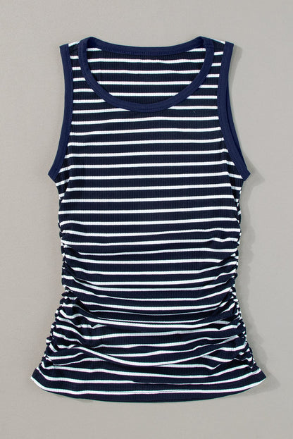 Slim Fit Blue Striped Sleeveless Round Neck Top with Contrast Details
