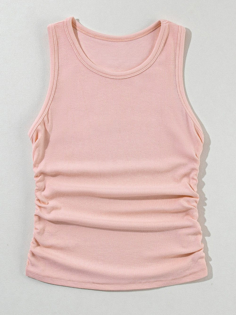 Slimming Apricot Pink Ribbed Tank Top with Ruched Detail