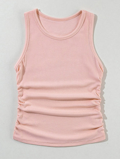 Slimming Apricot Pink Ribbed Tank Top with Ruched Detail