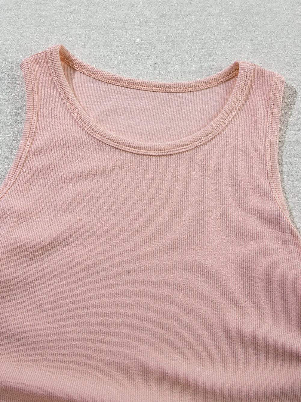 Slimming Apricot Pink Ribbed Tank Top with Ruched Detail