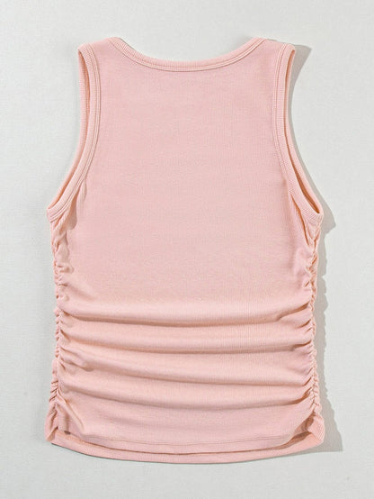 Slimming Apricot Pink Ribbed Tank Top with Ruched Detail