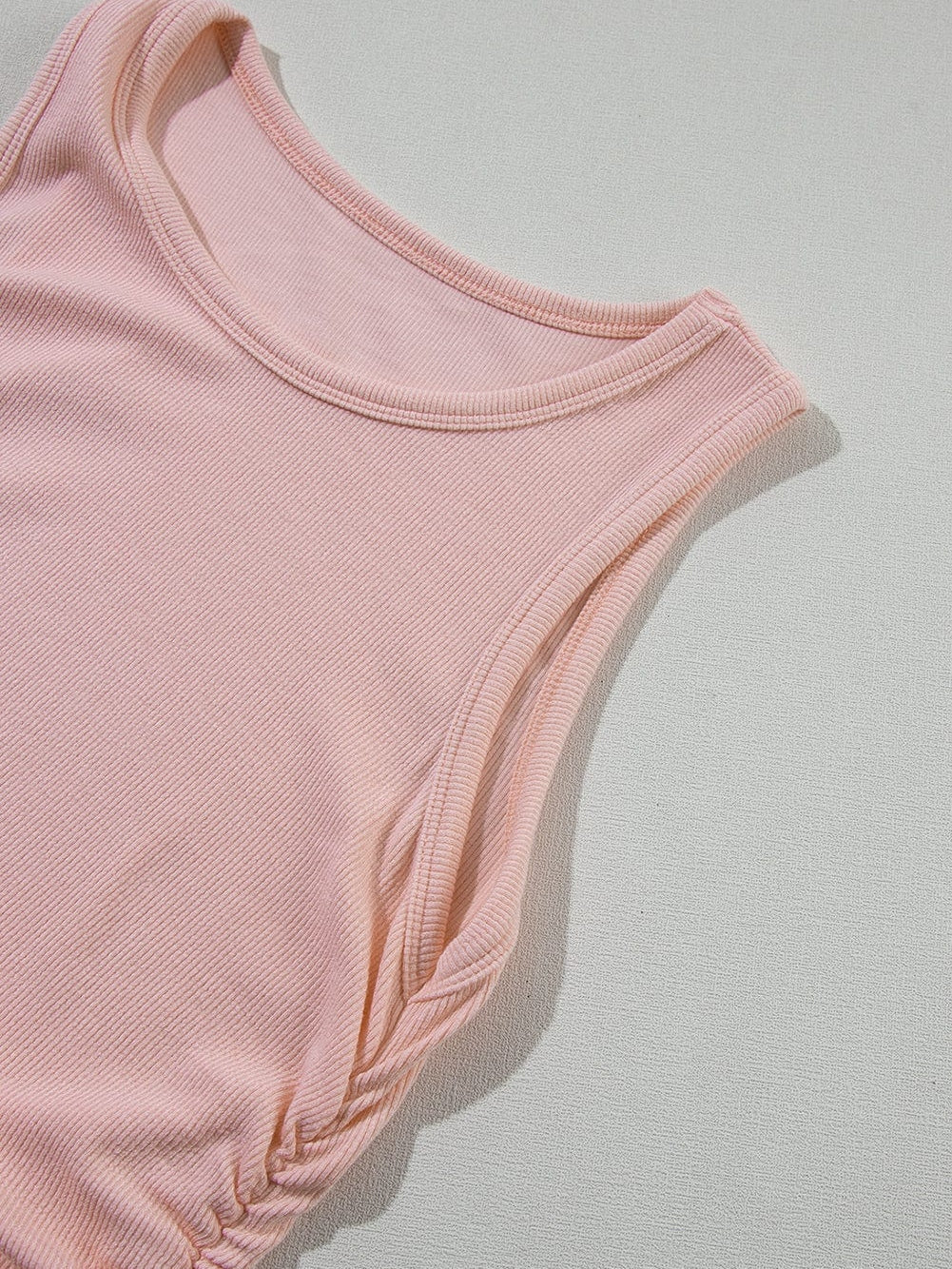 Slimming Apricot Pink Ribbed Tank Top with Ruched Detail