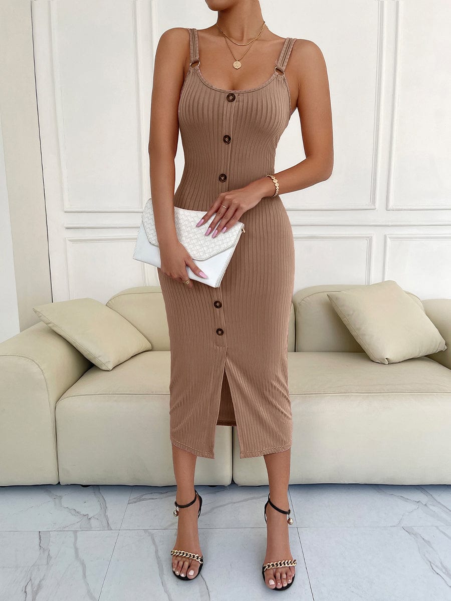 Sling Knit Slit Casual Solid Color Midi Dress