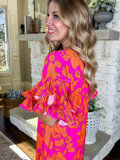 Sloping Shoulder Ruffle Print Dress