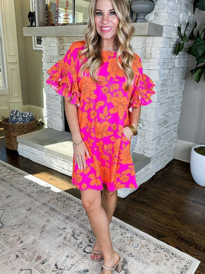 Sloping Shoulder Ruffle Print Dress