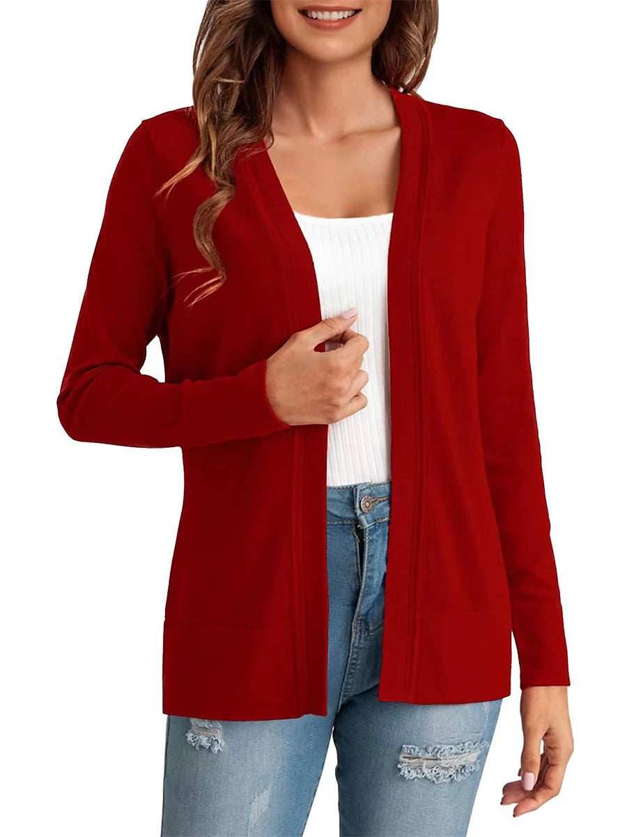 Women's Knitted Cardigan Coat Classic V Neck Long Sleeve Open Front Sweater Fall Solid Color  Cardigans Wine S M L