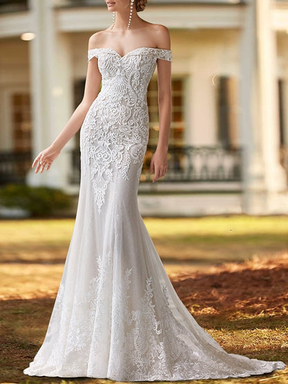 Engagement Formal Wedding Dresses Two Piece Off Shoulder Cap Sleeve Court Train Satin Bridal Gowns With Beading Appliques 2023 Summer Wedding Party, Women's Clothing - LuckyFash™