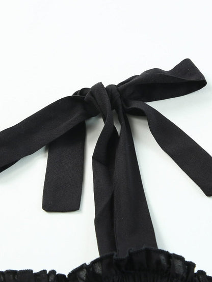 Smocked Black Tie Strap Frilled Midi Dress