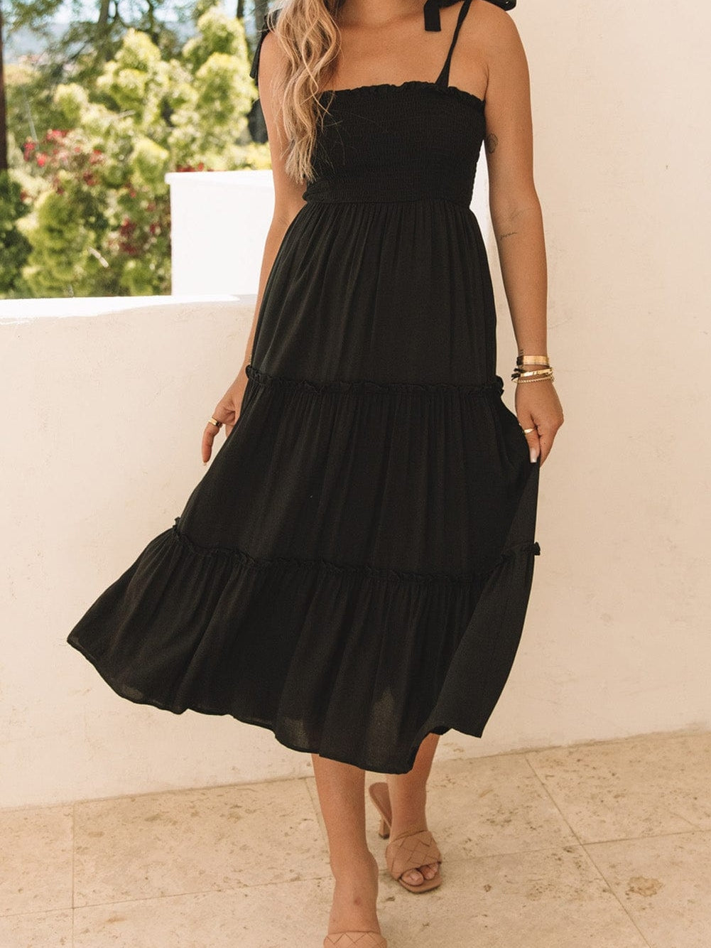 Smocked Black Tie Strap Frilled Midi Dress