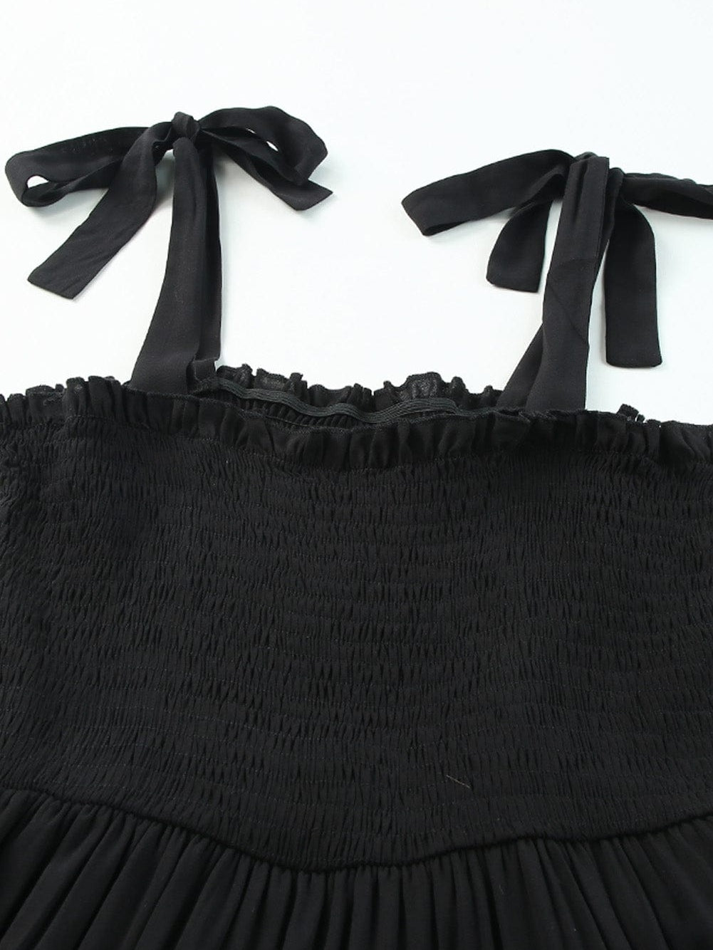 Smocked Black Tie Strap Frilled Midi Dress