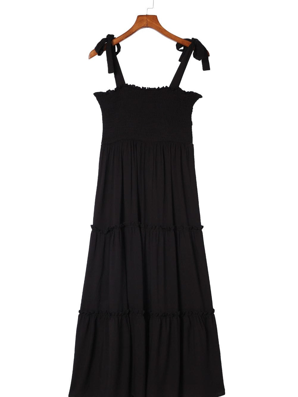 Smocked Black Tie Strap Frilled Midi Dress