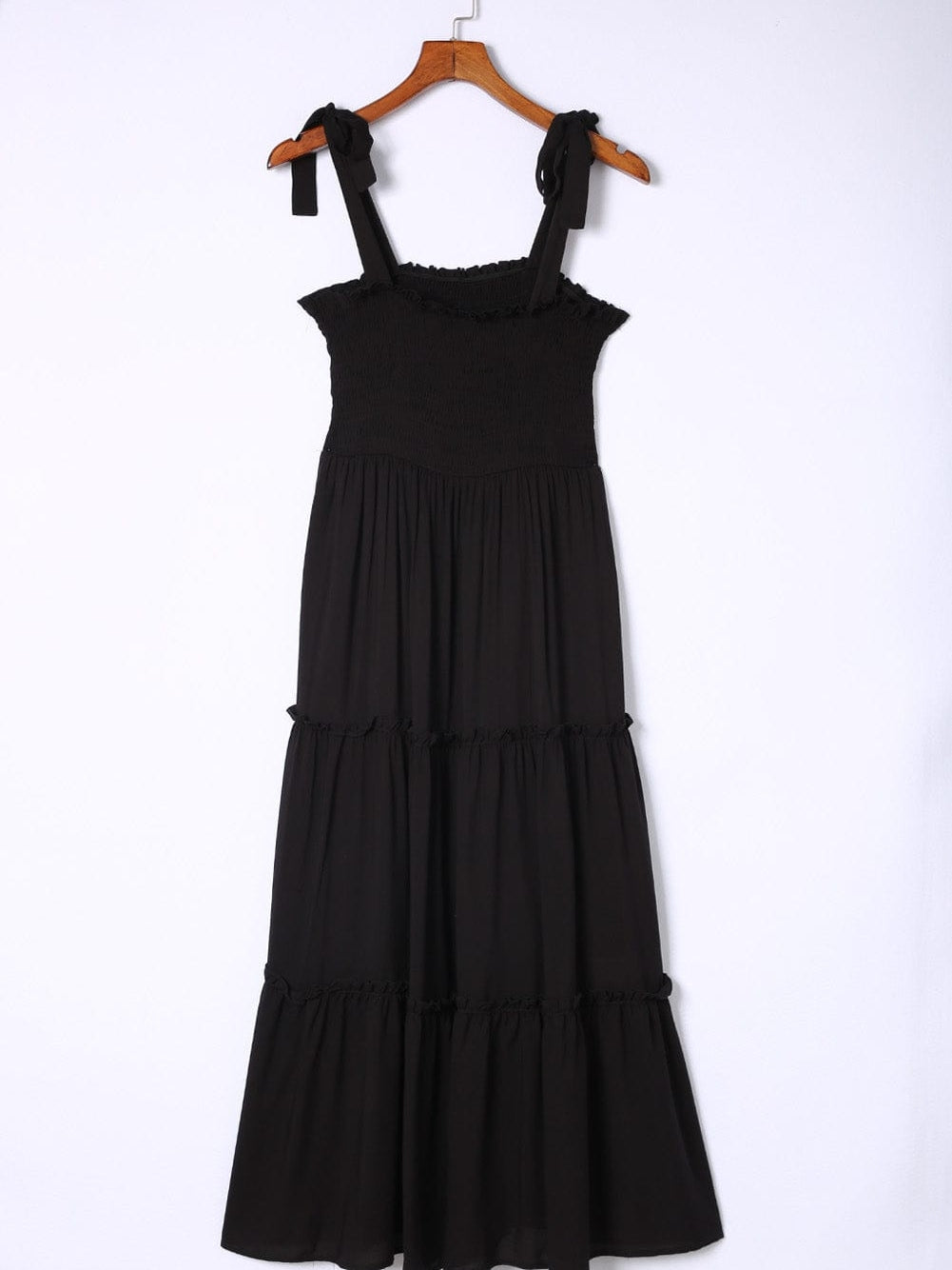Smocked Black Tie Strap Frilled Midi Dress