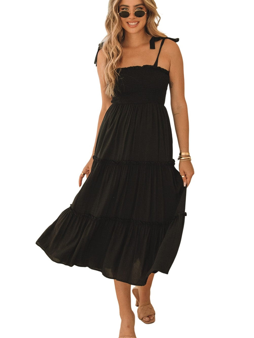 Smocked Black Tie Strap Frilled Midi Dress