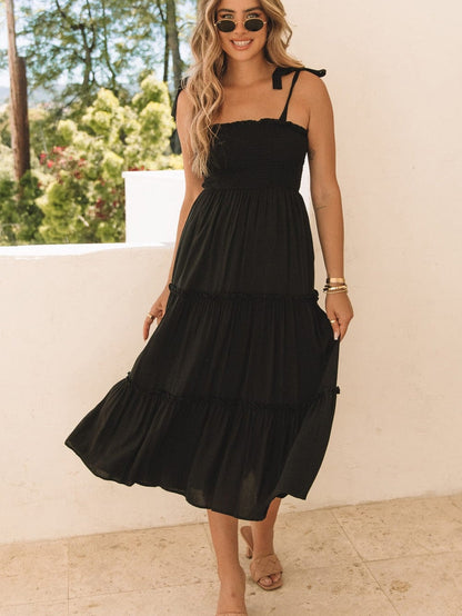 Smocked Black Tie Strap Frilled Midi Dress