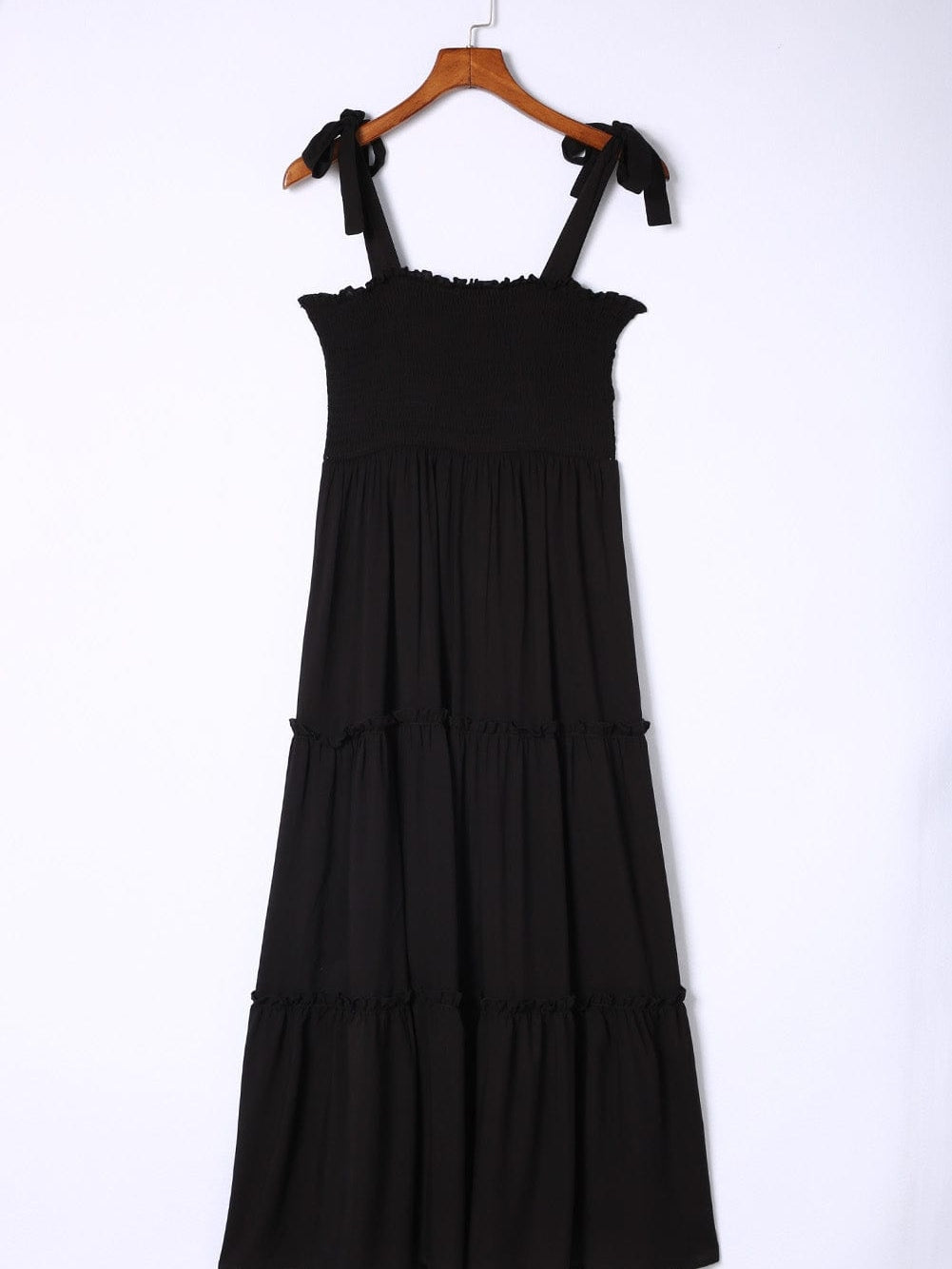 Smocked Black Tie Strap Frilled Midi Dress