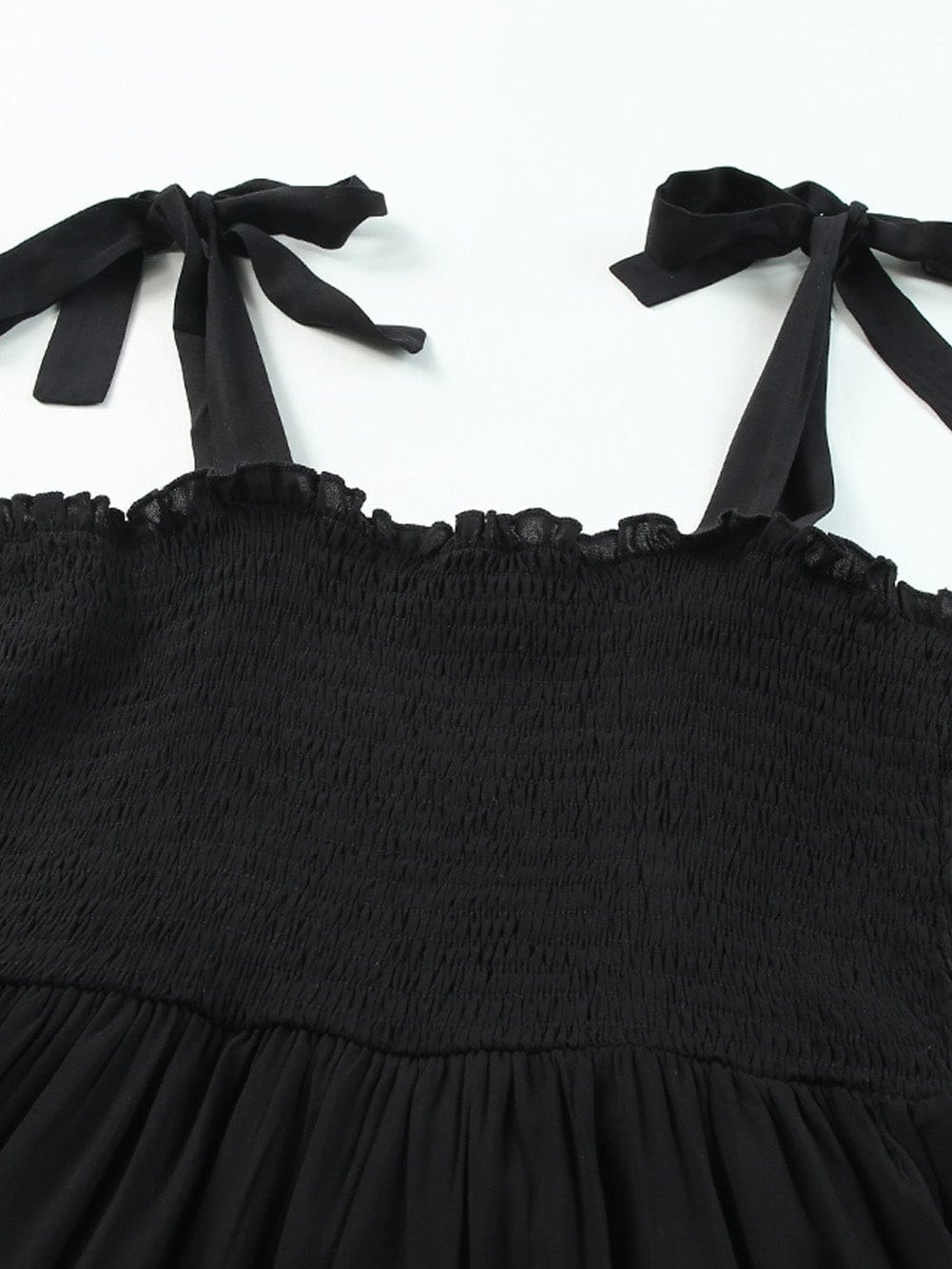 Smocked Black Tie Strap Frilled Midi Dress