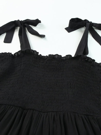 Smocked Black Tie Strap Frilled Midi Dress