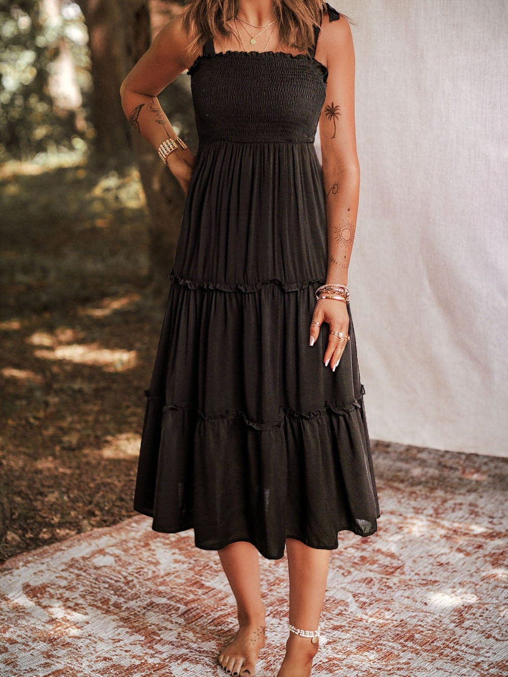 Smocked Black Tie Strap Frilled Midi Dress
