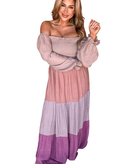 Smocked Bubble Sleeve Patchwork Maxi Dress with Colorblock Tiers
