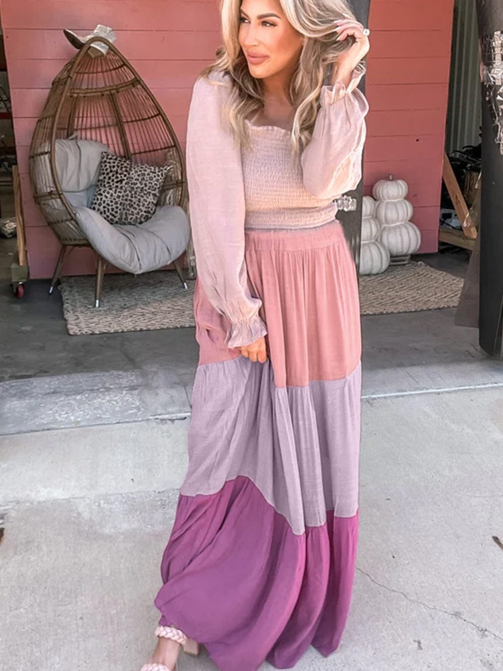 Smocked Bubble Sleeve Patchwork Maxi Dress with Colorblock Tiers