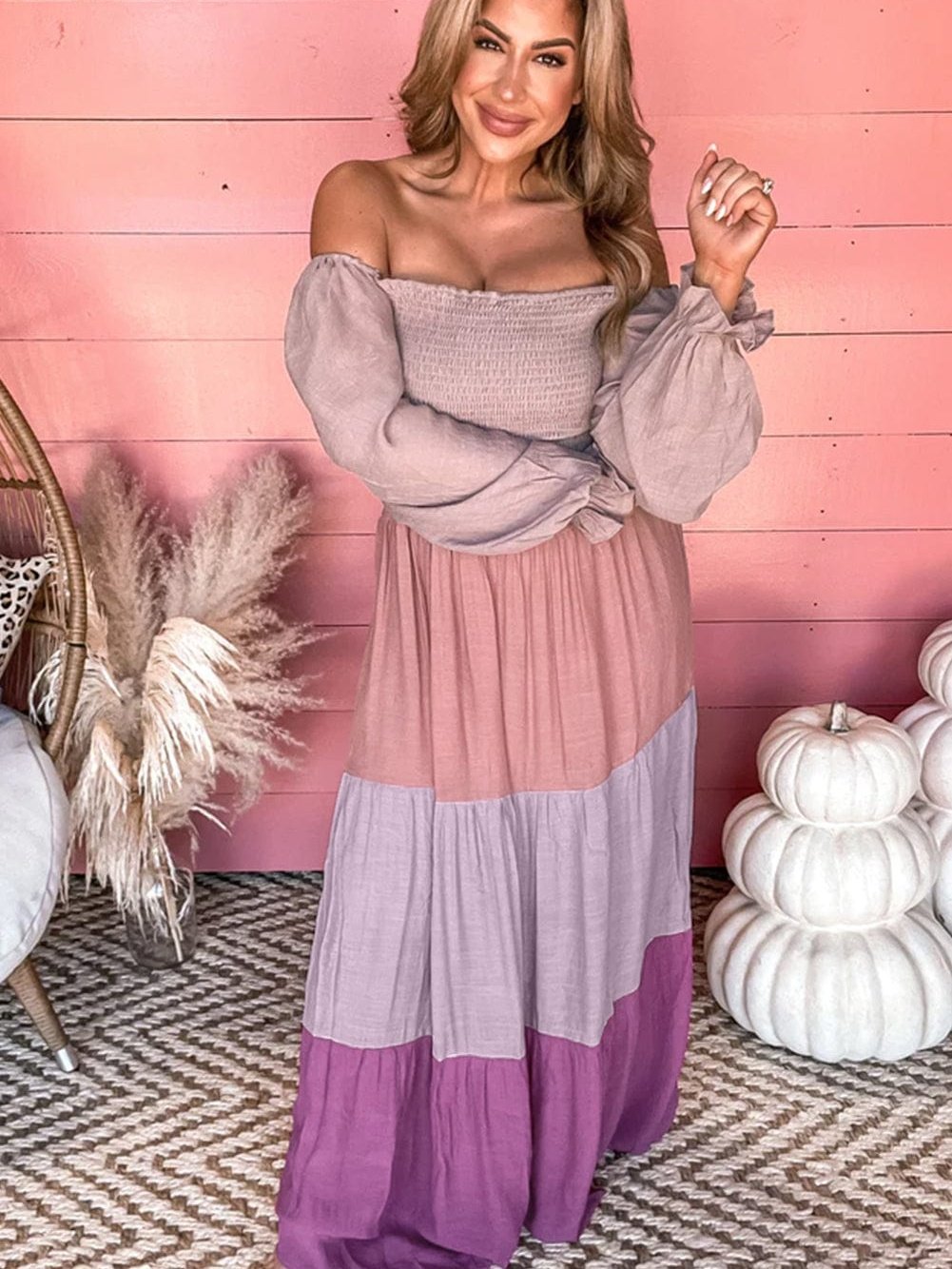 Smocked Bubble Sleeve Patchwork Maxi Dress with Colorblock Tiers