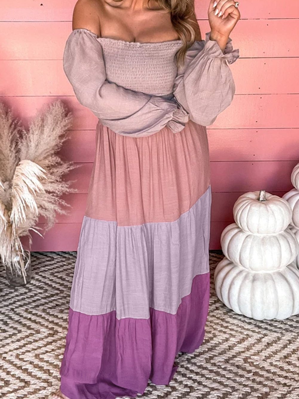 Smocked Bubble Sleeve Patchwork Maxi Dress with Colorblock Tiers