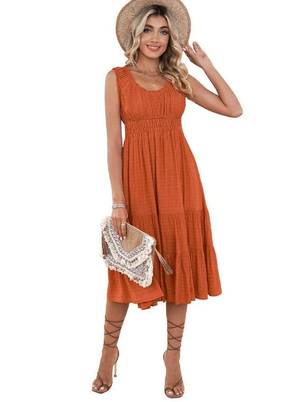 Smocked Ruffle Dress with Square Neck midi Skirt