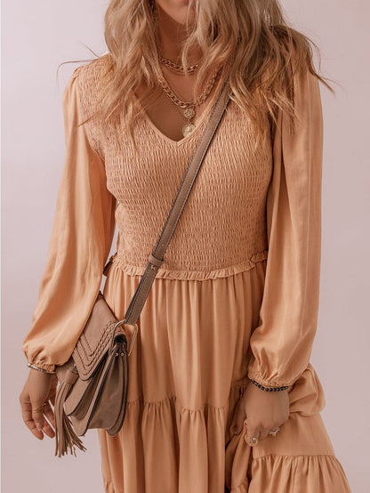 Smocked V Neck Ruffle Maxi Dress in Chestnut Brown