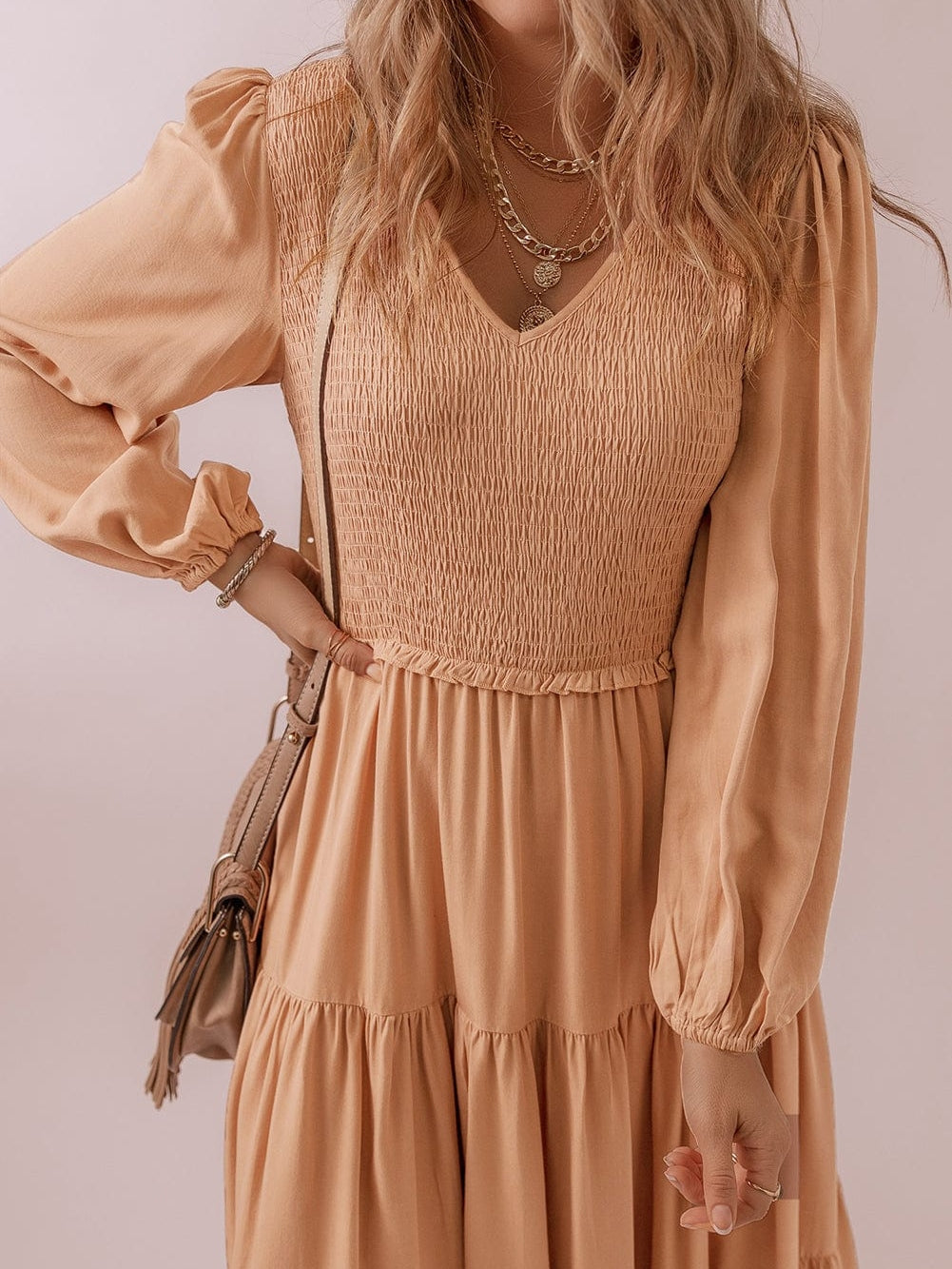 Smocked V Neck Ruffle Maxi Dress in Chestnut Brown