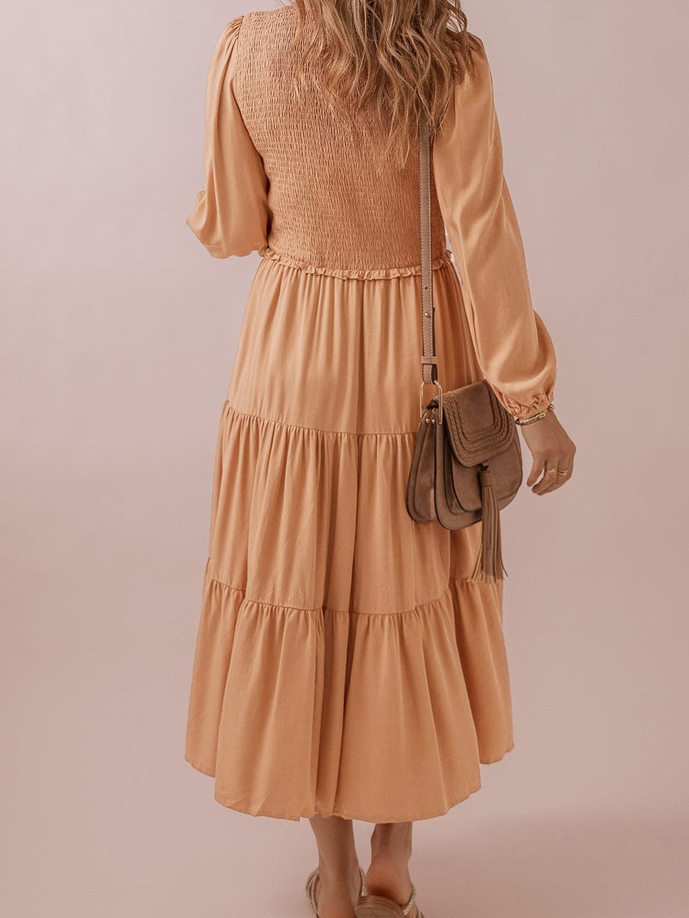 Smocked V Neck Ruffle Maxi Dress in Chestnut Brown