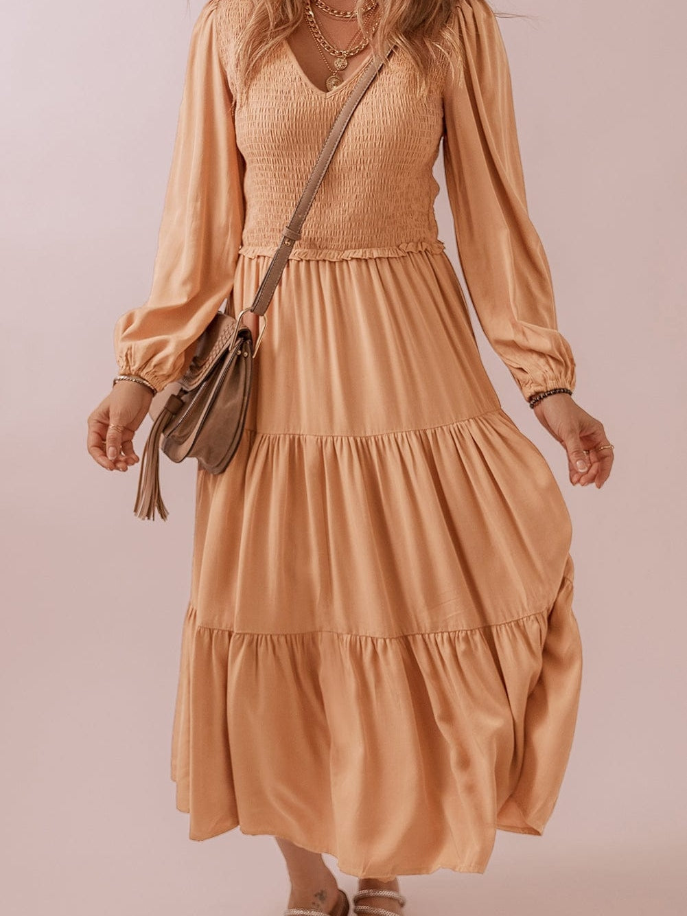 Smocked V Neck Ruffle Maxi Dress in Chestnut Brown